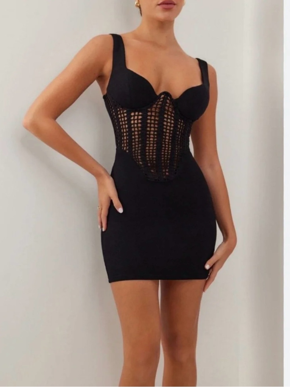 Heiress Beverly Hills Black Crochet Corset Mini Dress